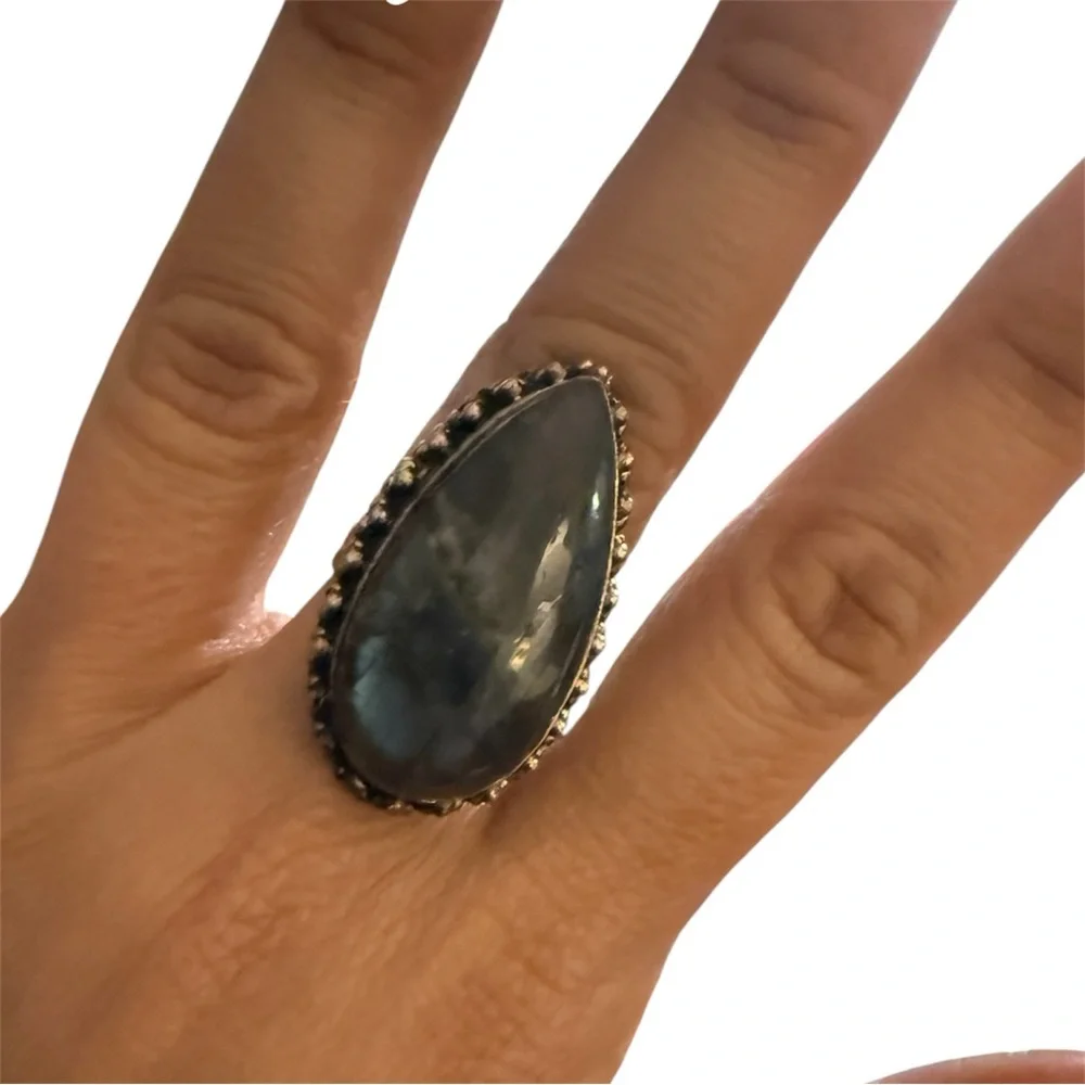 Fiery Labradorite Sterling Silver Ring,  Boho Southwestern Teardrop Style, Sz 6 - Picture 3 of 5